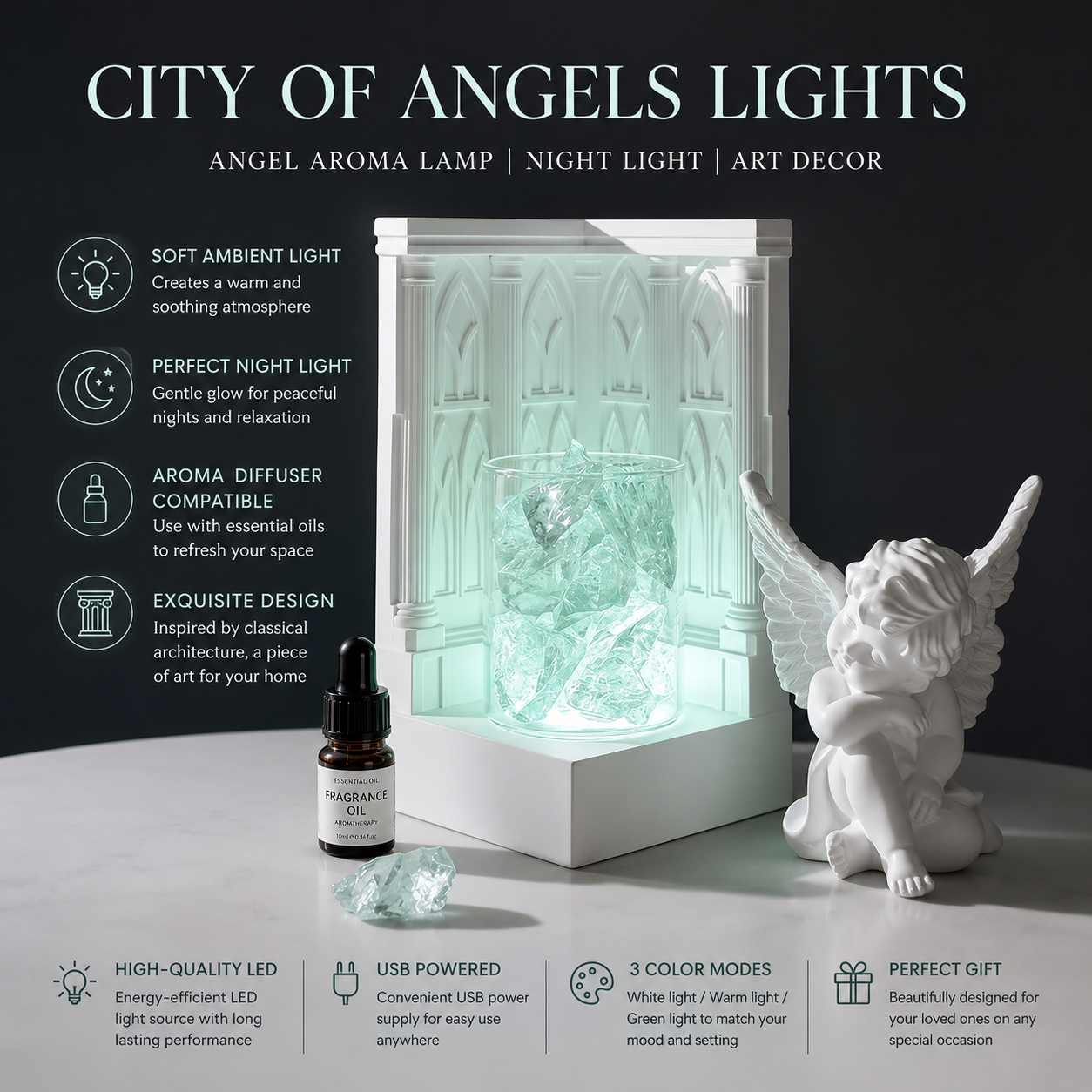 City of Angels Crystal Aromatherapy Gift Set with 3 Modes LED Lamp  Unique Gift for Birthday, Anniversary, Valentine’s Day, Women & Her